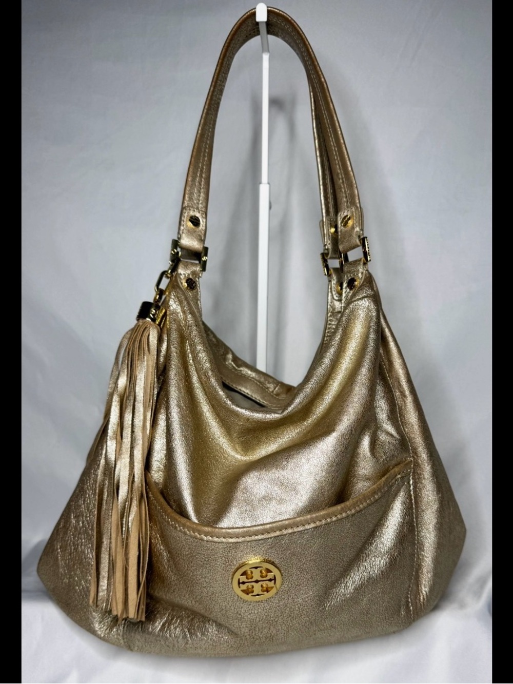 Tory Burch Metallic Gold Leather Shoulder Dean Hobo with Tassel